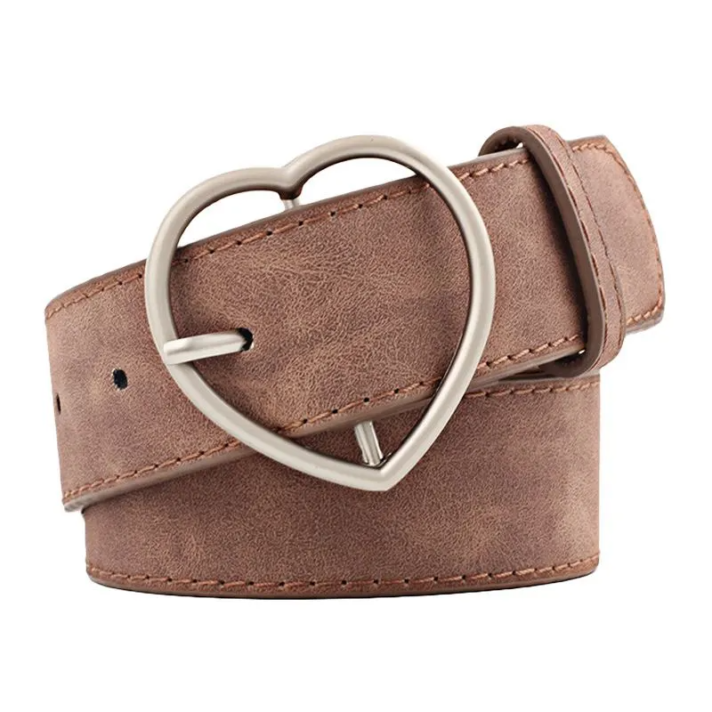 Women Fashion Style Frosted Leather Metal Heart Shape Buckle Wide Belt