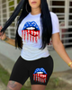 Women'S Lip Star Stripe Print Short-Sleeved T-Shirt Shorts Two-Piece Fashion Casual Athleisure Set