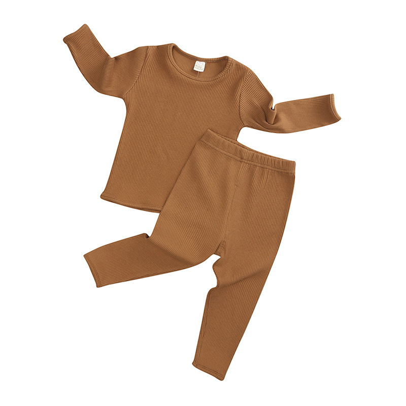 Toddlers Newborn Baby Boys Girls Solid Color Pit Strip Long Sleeve T-Shirt And Pants Pajamas Set