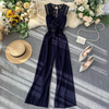 Women Fashion Causal Solid Color Lace Patchwork Hollow Sleeveless Defined Waist Jumpsuits
