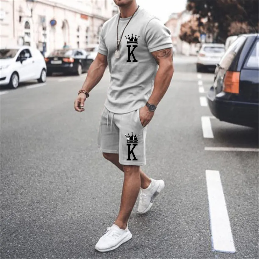 Men Basic Short Sleeve Round Neck Letter Printed T-Shirt And Drawstring Waist Shorts Two-Piece Set