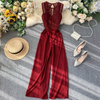 Women Fashion Causal Solid Color Lace Patchwork Hollow Sleeveless Defined Waist Jumpsuits
