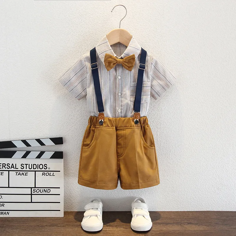 Kids Toddler Big Boys Spring Autumn Fashion Casual British Style Bow Waistcoat Stripe Shirt Suspender Trousers Party Clothing Set