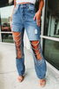 Women Fashion Street Oversized Ripped Chain Charm Straight Leg Jeans