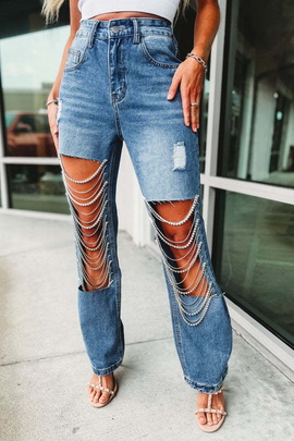 Women Fashion Street Oversized Ripped Chain Charm Straight Leg Jeans
