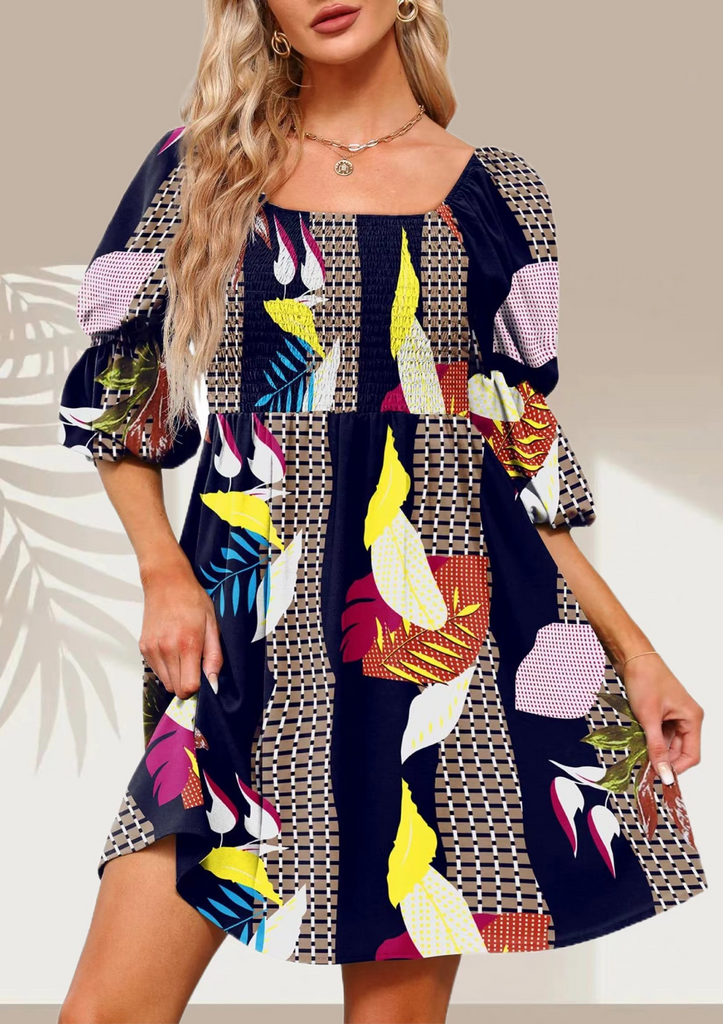 Women'S Fashion Casual Printing Puff Sleeve Square Neck Dress