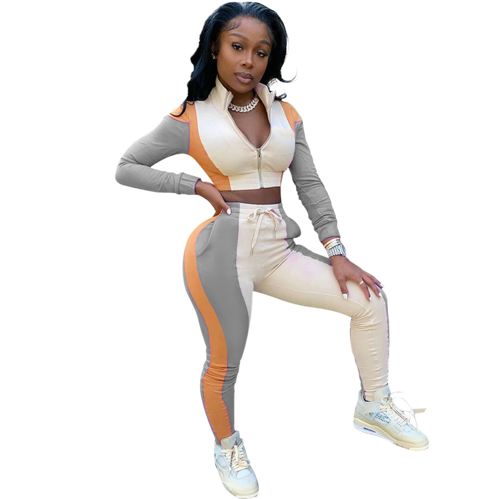 Women Athleisure Color Blocking Long Sleeve Zipper Top And Skinny Pants Sports Set
