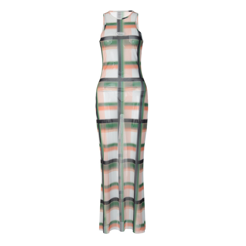 Women Fashion Sexy Plaid Printing Sleeveless Tight Maxi Dress