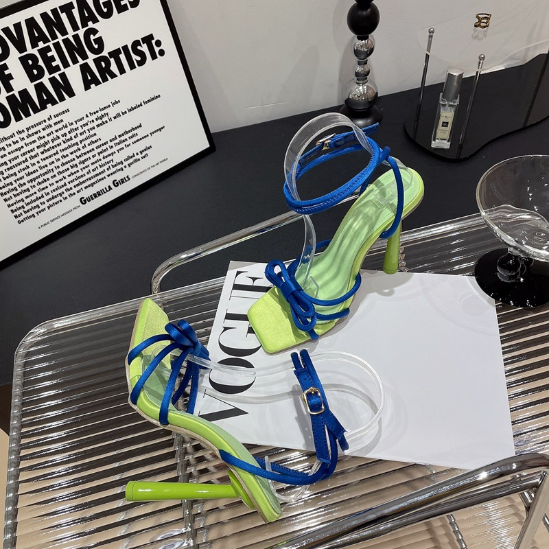 Women Fashion Casual Lace-Up Bow Color Blocking Stiletto Heel Sandals