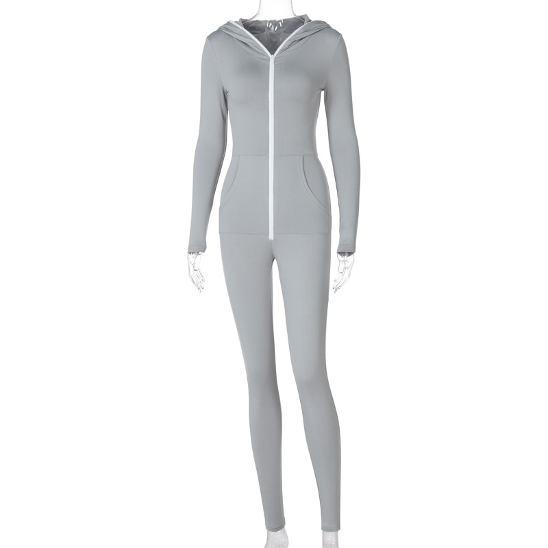 Women Pure Color Zipper Hooded Sports Fitness Jumpsuits