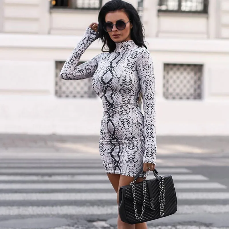 Turtleneck Long-Sleeve Animal Print Bodycon Dress