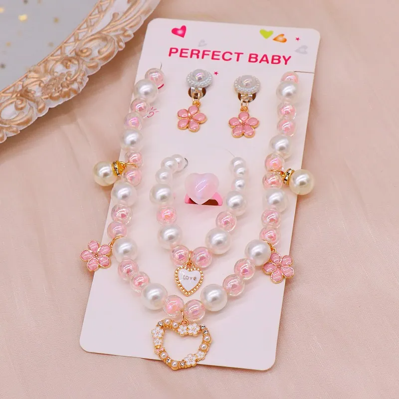 (Buy 1 Get 1) Children Kids Baby Fashion Girls Heart Pearl Bead Necklace Bracelet Earrings Set