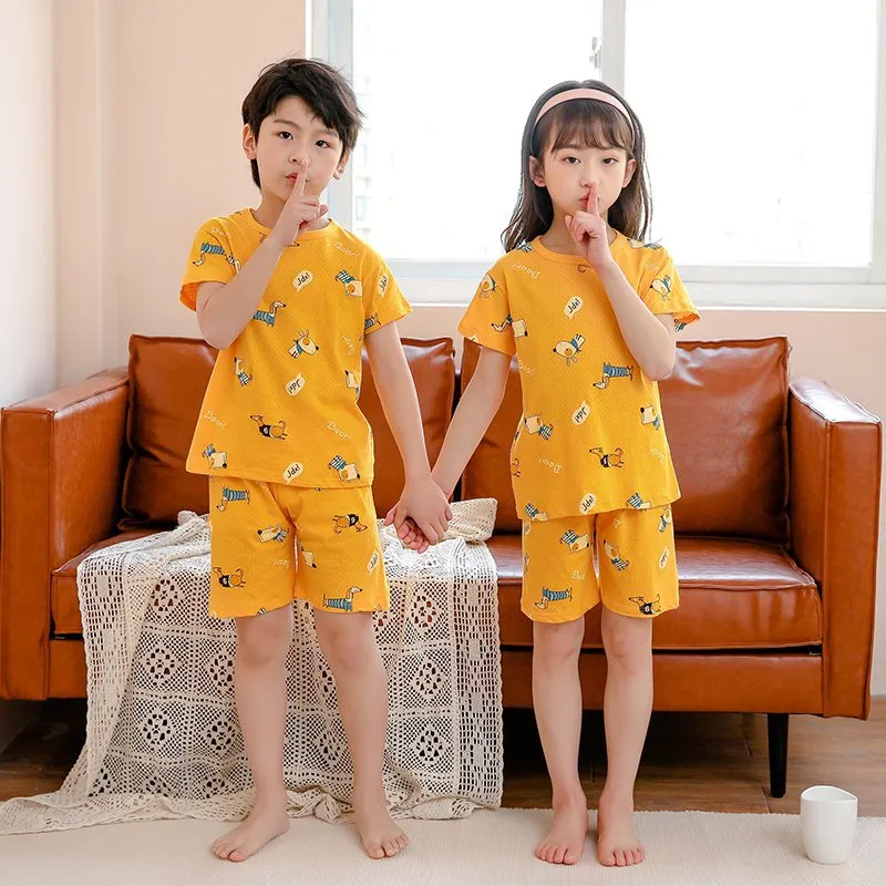 Children Kids Baby Fashion Girls Boys Basic Casual Short Sleeve Cartoon Print Top And Shorts 2pcs Set