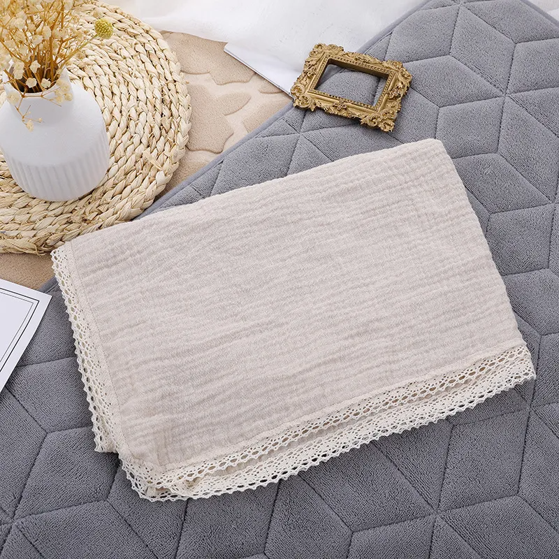 (Buy 1 Get 1) Baby Double-Layer Solid Color Swaddle Blanket Cotton Muslin Swaddles With Lace Edge(100*120cm )