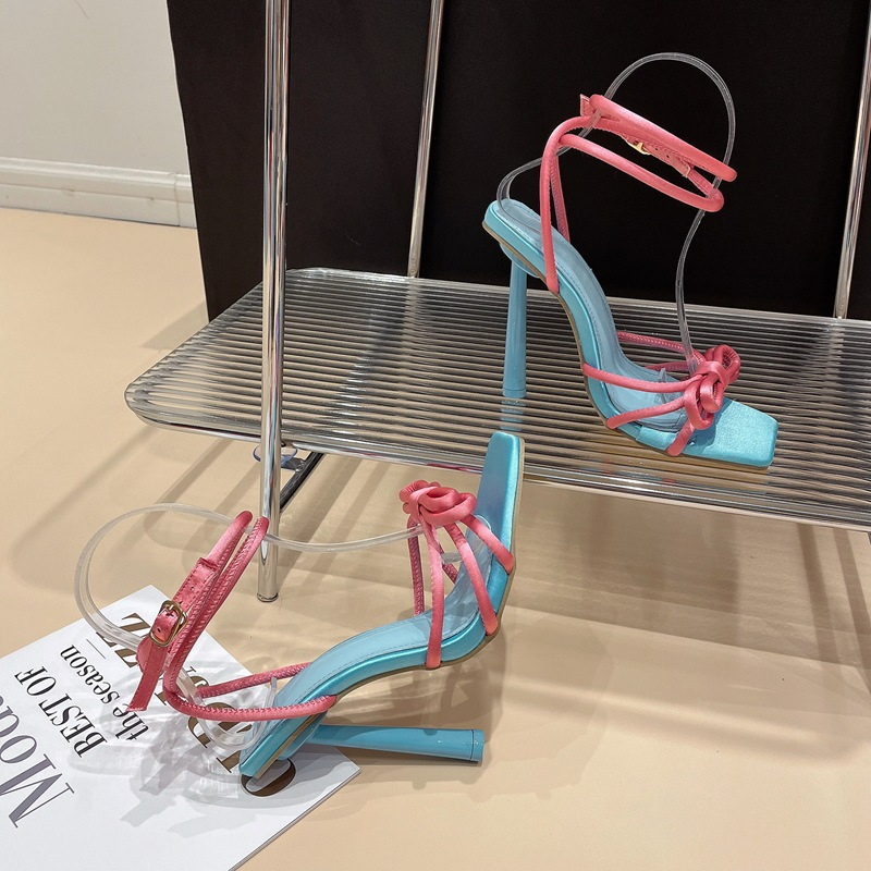 Women Fashion Casual Lace-Up Bow Color Blocking Stiletto Heel Sandals