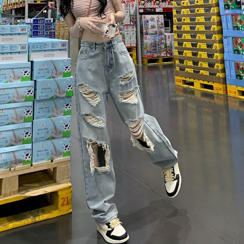 Women'S Loose Casual High Waist Fashion Ripped Straight Jeans