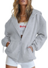 (Buy 1 Get 1) Women Casual Loose Zipper Long Sleeve Hooded Sweatshirt Jacket