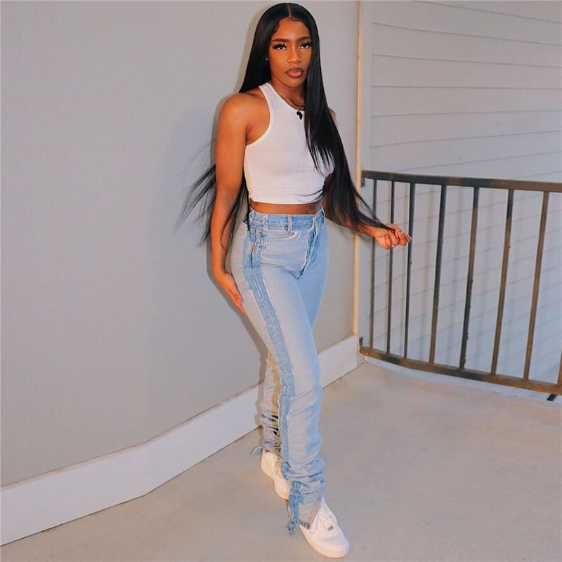 Women Fashion High Waist Contrast Color Patchwork Jeans