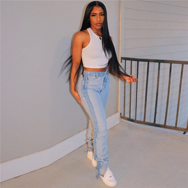 Women Fashion High Waist Contrast Color Patchwork Jeans