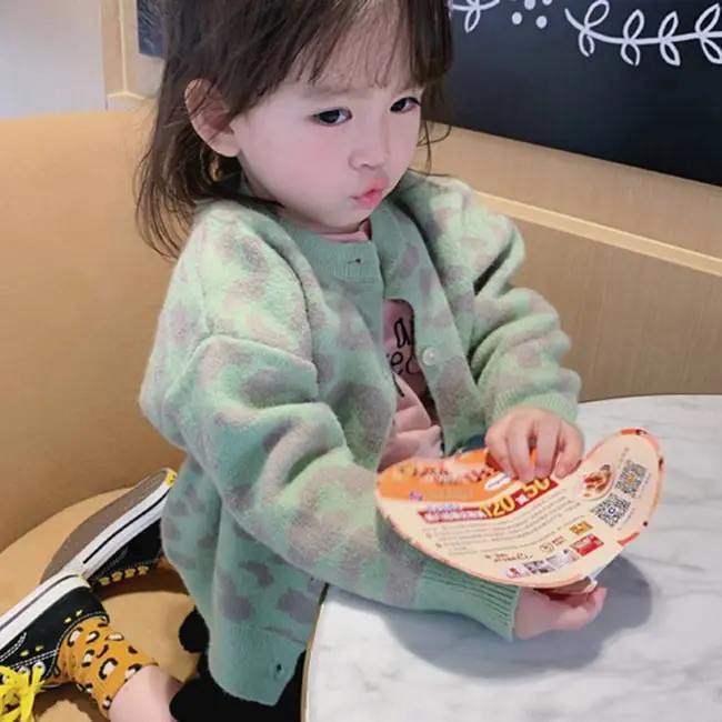 Girls Casual Leopard Single-Breasted Knit Coat