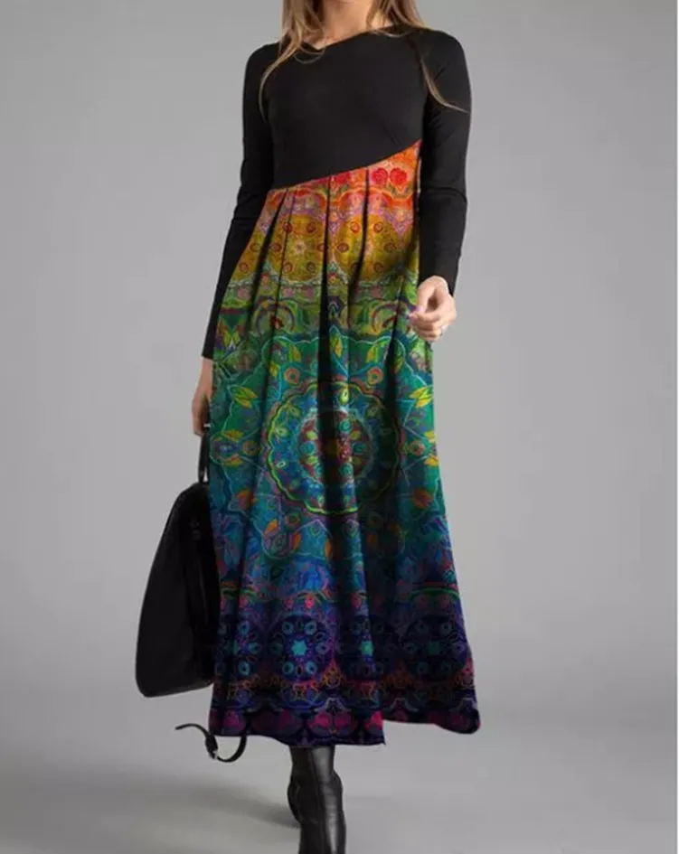 Women Ramadan /Eid Fashion Casual Print Round Neck Long Sleeve Maxi Dress
