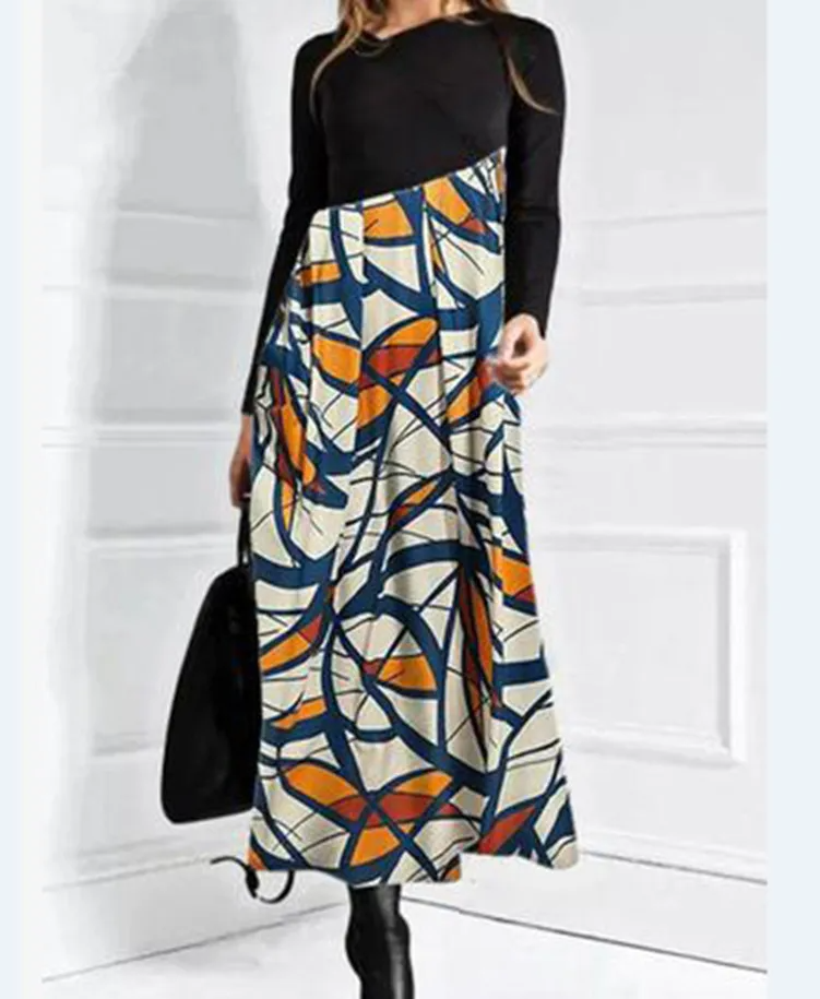 Women Ramadan /Eid Fashion Casual Print Round Neck Long Sleeve Maxi Dress