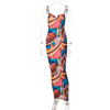 Women New Autumn Elegant Color Blocking Graphic Printed Backless Slip Dress