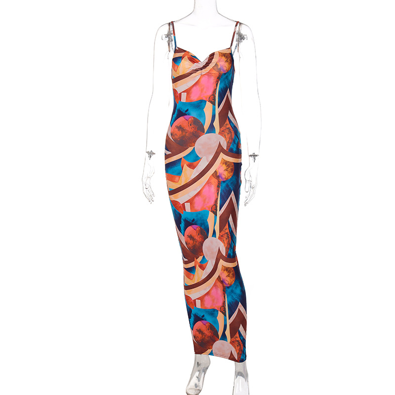 Women New Autumn Elegant Color Blocking Graphic Printed Backless Slip Dress