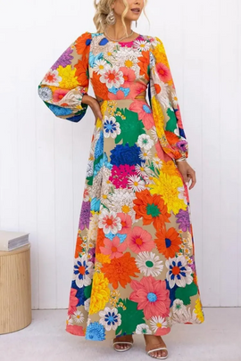 Women Ramadan /Eid Fashion Casual Floral Print Lace-Up Long Sleeve Maxi Dress