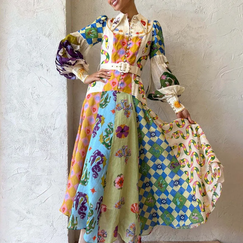 Ramadan /Eid Women'S Casual Distinctive Graffiti Lantern Sleeve Long Sleeve Tight Waist Maxi Dress