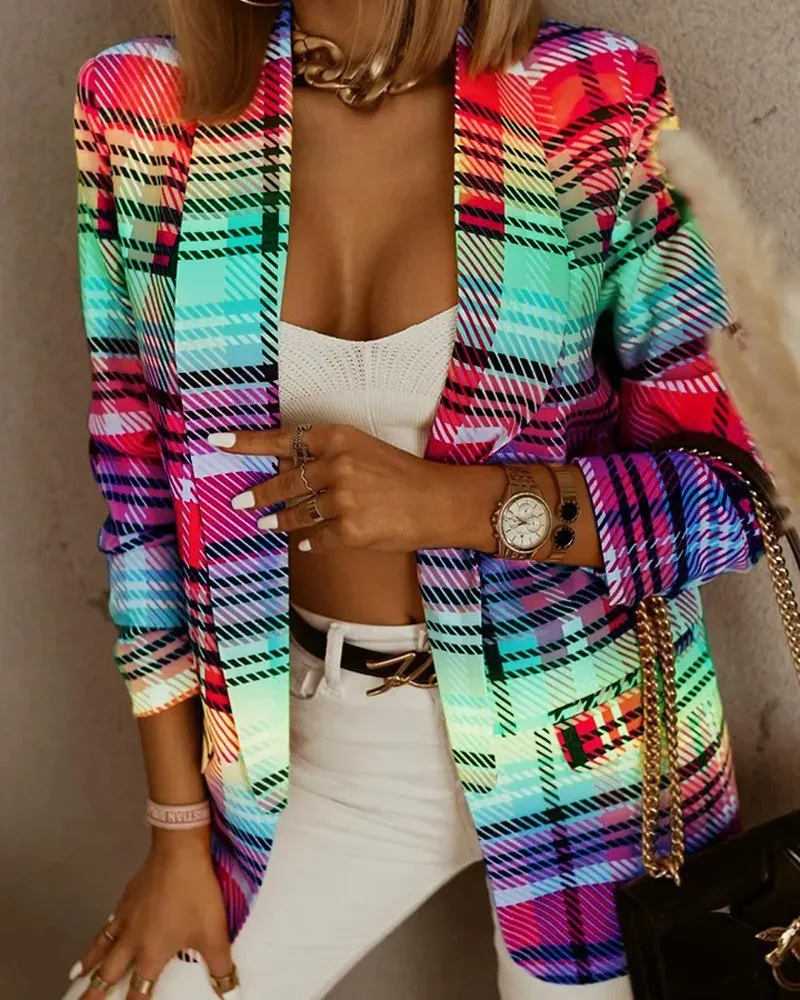 Women Fashion Casual Multicolor Plaid Long Sleeve Blazer Coat
