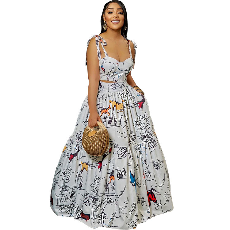 Women Fashion Printed Sleeveless Spaghetti Strap Backless Top High Waist Long Skirt Sets