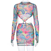 Women Fashion Sexy Printing Mesh Long Sleeve Dress
