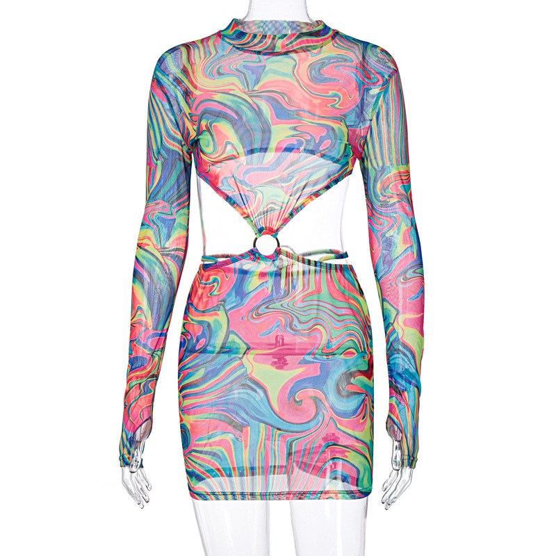 Women Fashion Sexy Printing Mesh Long Sleeve Dress