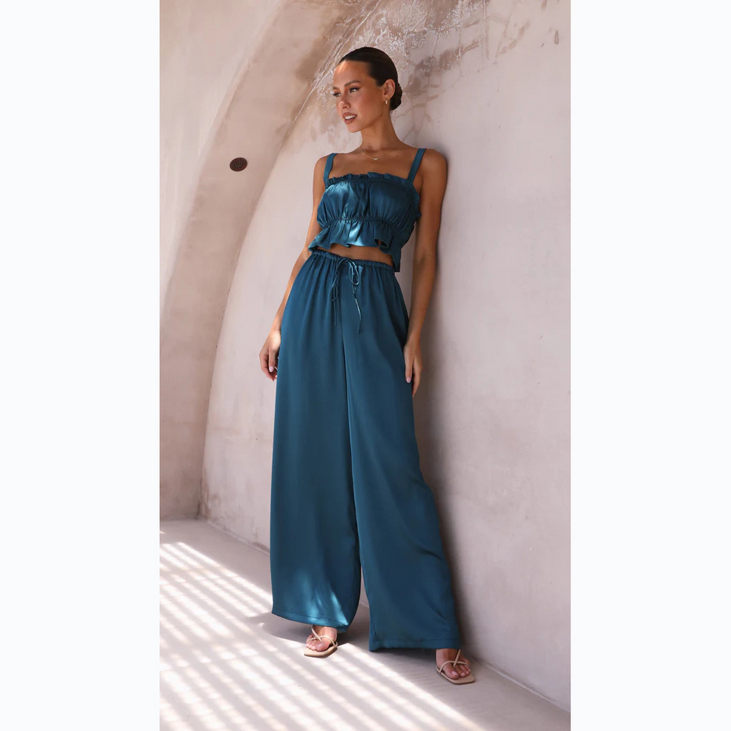 Women'S Fashion Solid Color Ruffled Suspender Top + Wide-Leg Pants Two-Piece Set