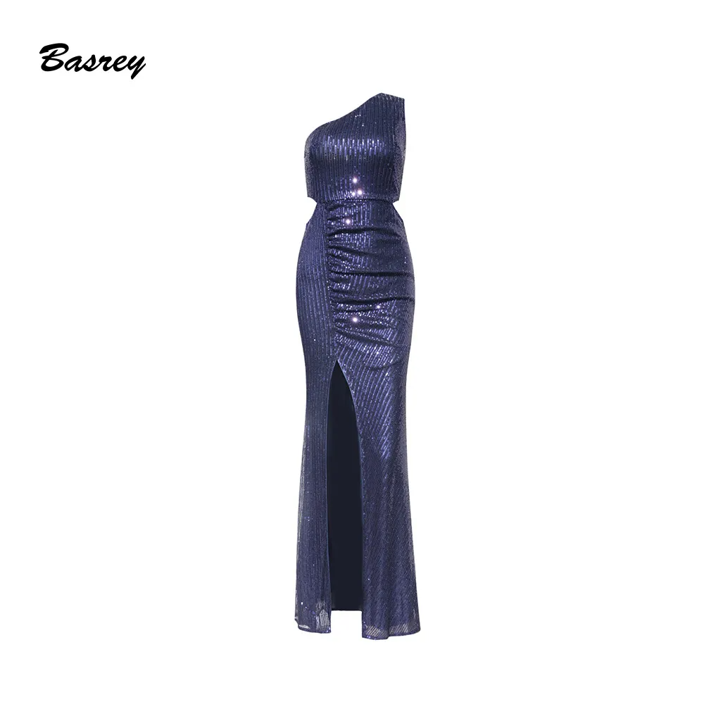 Women Fashion Elegant Solid Color One-Shoulder Sequin Maxi Evening Dress