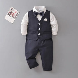 Kids Toddler Boys Spring Autumn Fashion Casual British Style Bow Waistcoat Shirt Trousers Boys Party Clothing Set