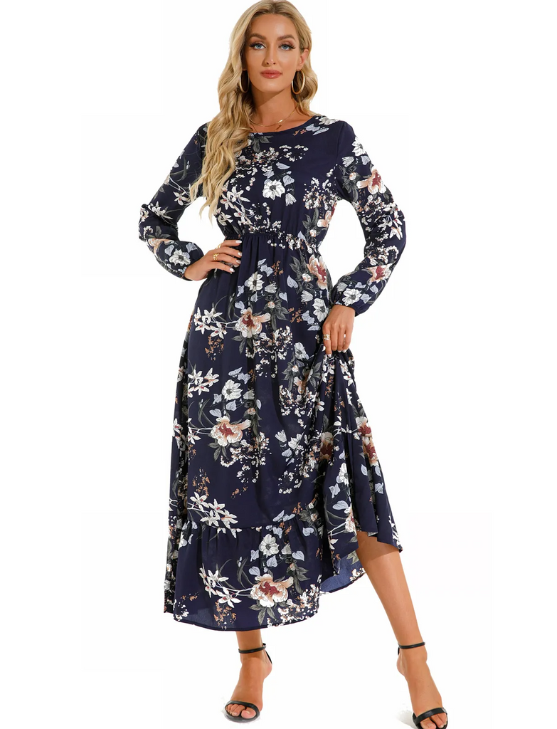 (Buy 1 Get 1) Women Ramadan /Eid Fashion Casual Floral Print Round Neck Long Sleeve Maxi Dress