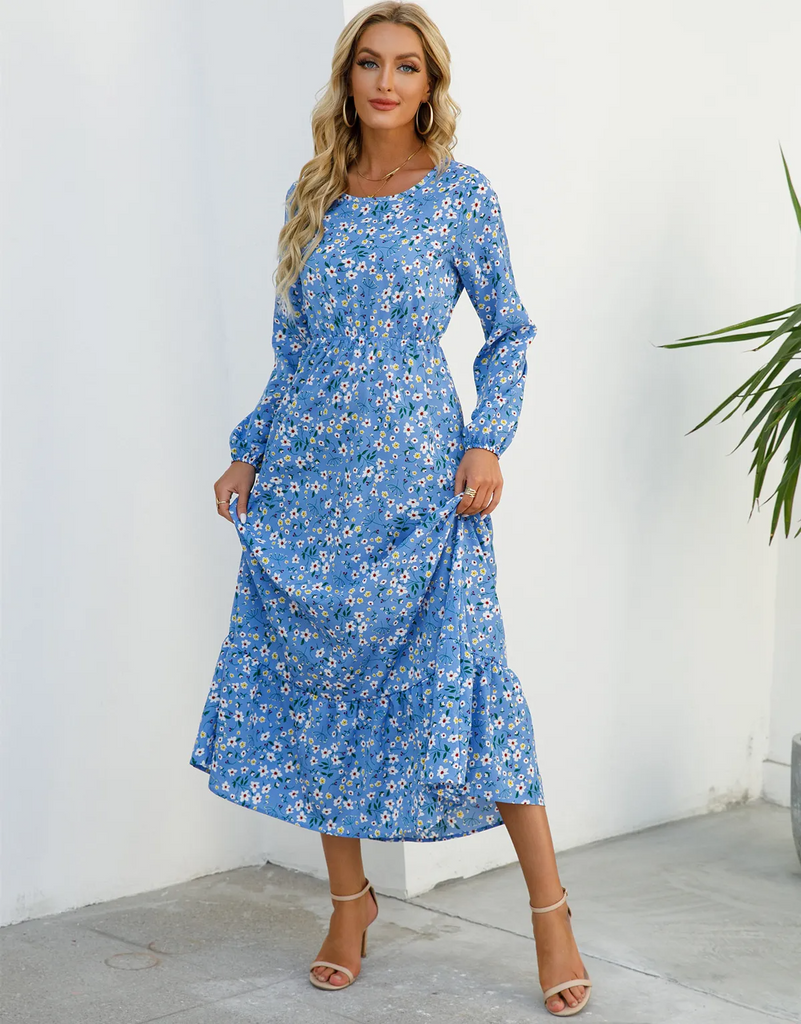 (Buy 1 Get 1) Women Ramadan /Eid Fashion Casual Floral Print Round Neck Long Sleeve Maxi Dress