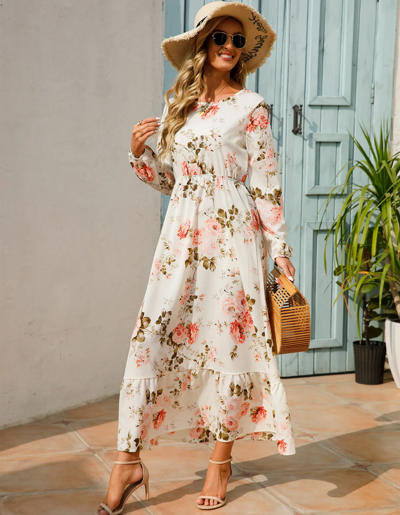 (Buy 1 Get 1) Women Ramadan /Eid Fashion Casual Floral Print Round Neck Long Sleeve Maxi Dress