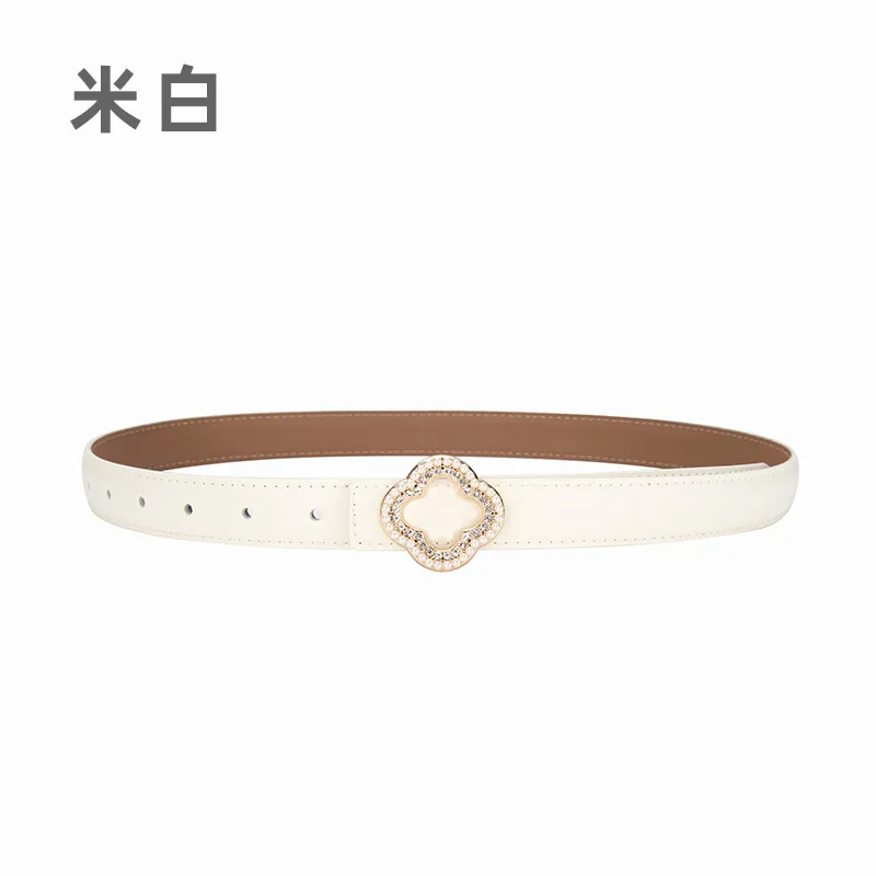 Women'S Fashion Casual Personality Flower-Shaped Rhinestone Alloy Smooth Buckle Leather Belt