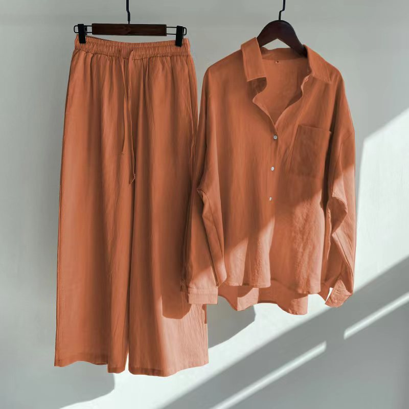 Women Casual Solid Color Linen Cotton Long Sleeve Blouse And Wide Leg Pants Set