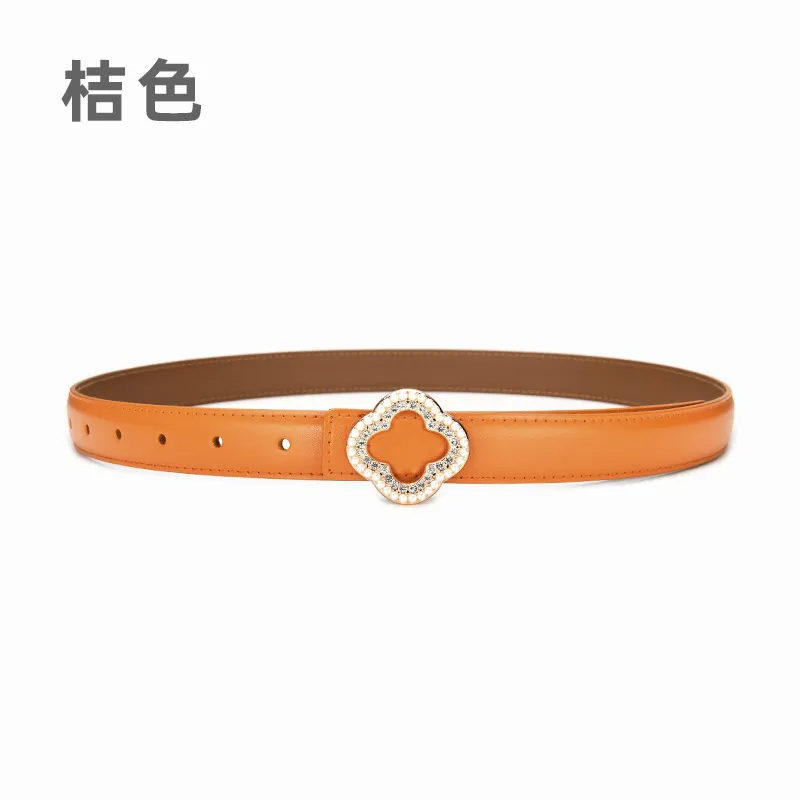 Women'S Fashion Casual Personality Flower-Shaped Rhinestone Alloy Smooth Buckle Leather Belt