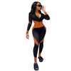 Women Fashion Color Blocking Zipper Top And Pants Sport Two Pieces Set