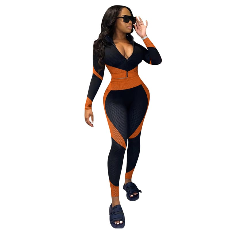 Women Fashion Color Blocking Zipper Top And Pants Sport Two Pieces Set