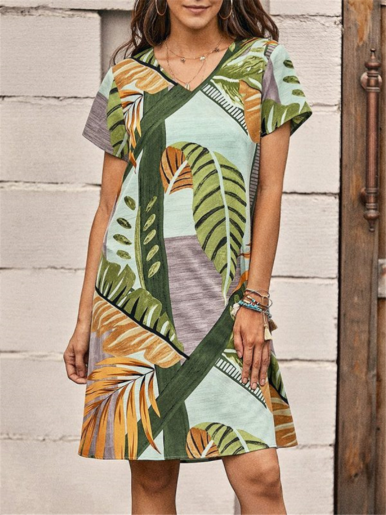 Women'S Fashion Summer Vacation Casual Leaf Printing V-Neck Short Sleeve Dress