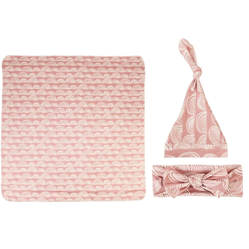 Toddlers Newborn Baby Fashion Print Swaddle Blanket Wrapping Towel And Headband Hat 3pcs Set