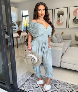 Women Solid Color V-Neck Pleated Short-Sleeved Waist Loose Casual Jumpsuit