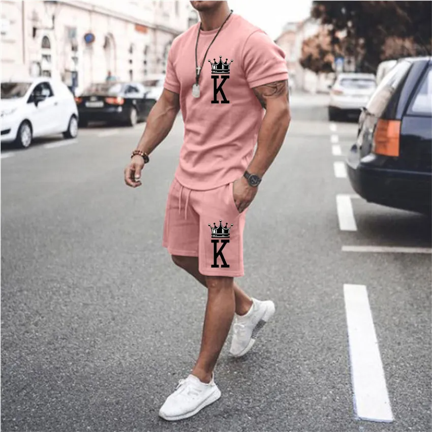 Men Basic Short Sleeve Round Neck Letter Printed T-Shirt And Drawstring Waist Shorts Two-Piece Set