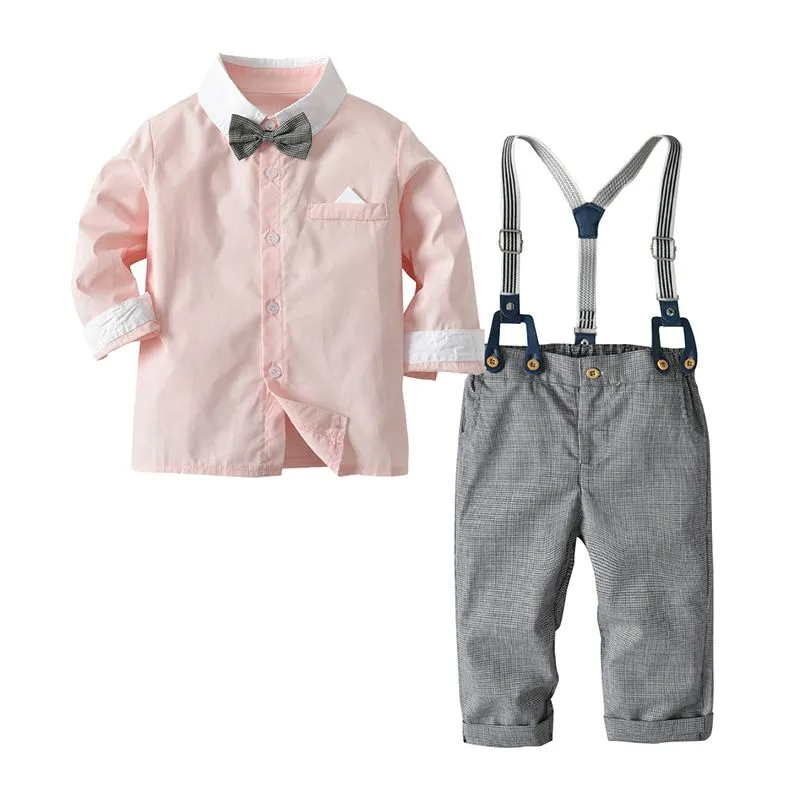Boys Little Gentlemen Cotton Solid Color Long Sleeves Shirts And Gray Pants With Suspender Set